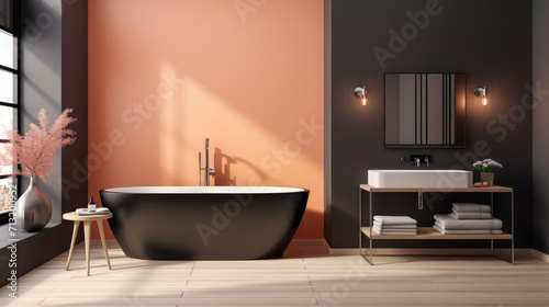 Contemporary bathroom with black freestanding tub and light shadows on terracotta walls. Minimalism concept. Generative AI