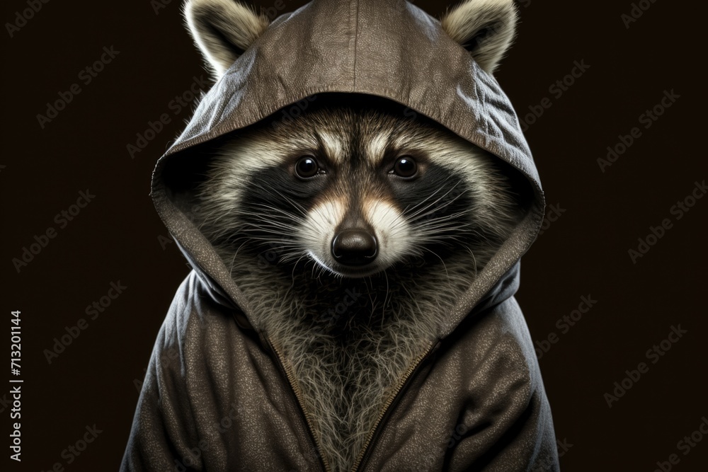 portrait of raccoon in sportswear and a hood - obrazy, fototapety, plakaty 