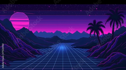 night sky background with mountains. Digital Cyber Surface.