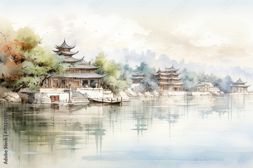 Fototapeta premium Hangzhou West Lake scenery, China. Watercolor painting.