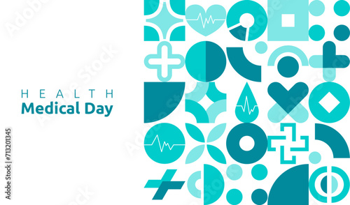 Health Day. Medical holiday logo. Healthcare and medicine. Abstract flat shapes. Mental care. Hospital treatment. Geometric Bauhaus forms. Memphis pattern. Brutalism icon. Vector garish background