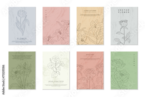Flower vintage frame. Floral elegant cards. Rose or lily. Romantic wallpaper. Blooming plant. Graphic background. Classic invitation. Retro design. Wedding label. Vector garish anniversary banners set