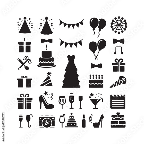 Vibrant Revelry Unveiled: Set of Party Silhouette Infused with the Radiance of Celebration - Party Elements Vector - Celebration Silhouette
