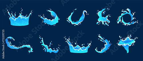 Water splash. Game effect. Cartoon waves or drops. Magic UI. Circle ocean swirls. VFX spray icon. Liquid motion. Sea animation. Marine splatter. Pure drink. Blue fluid flow. Vector garish elements set