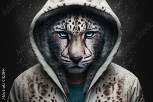 portrait of snow leopard in sportswear and a hood