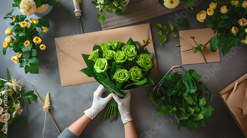 floris behind the robot, making a bouquet of green roses to order on a gray table, next to a kraft envelope. photo