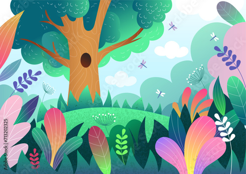 Forest background. Cartoon wild nature. Enchanted garden. Fairytale jungle. Cute woods and meadow plants. Summer park. Spring flowers. Magic landscape. Fantasy scenic scenery. Vector tidy illustration