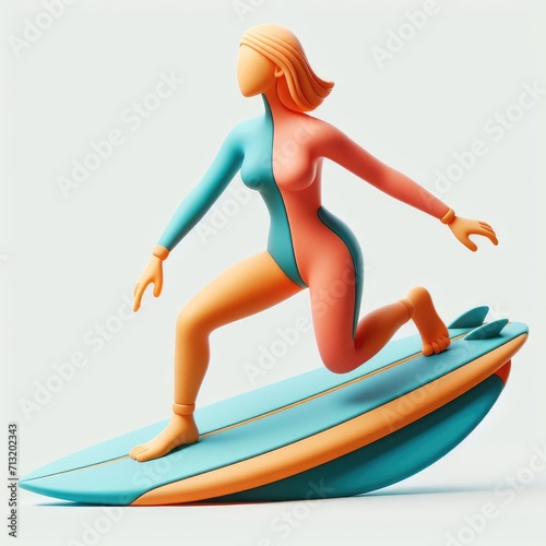 Young Beautiful Girl with Surfboard. 3D Cartoon Clay Illustration on a light background.