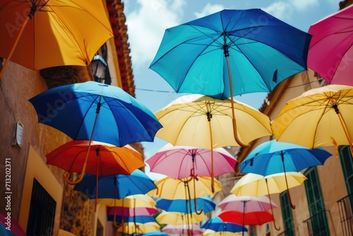 Colorful umbrellas hanging from the side of a building. Great for adding a vibrant touch to any urban scene or as a symbol of protection and shelter