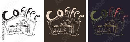 Coffee line art set. Outline coffee  illustrations collection with black thin line. Hand drown illustrations for your design.