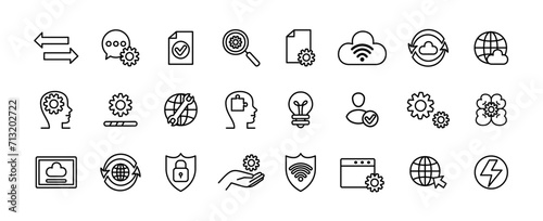 Software icon. Line symbols. Technician maintenance. Operate code. Browser deploy. DevOps test. Monitor process model. Digital product release. PC repair tool. Agile build plan. Vector tidy signs set