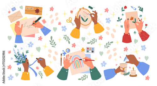 Craft art. Creative hobby. Woman painting picture or gluing applique. Handmade aroma candle. Artisan clothing. Create embroidery. Hands writing mail letter. Arms top view. Vector tidy handicrafts set