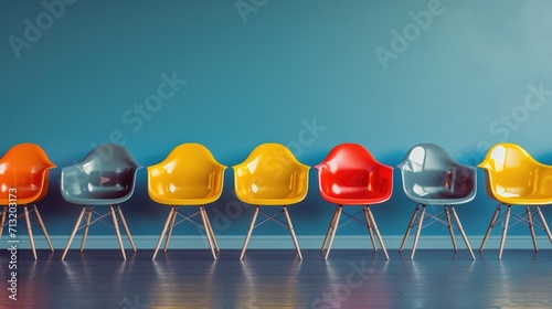 A row of colorful chairs sitting next to each other. Perfect for adding a pop of color to any space