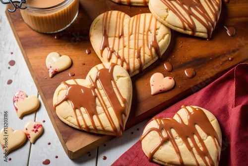 heart-shaped shortbread cookies with a peanut butter drizzle photo