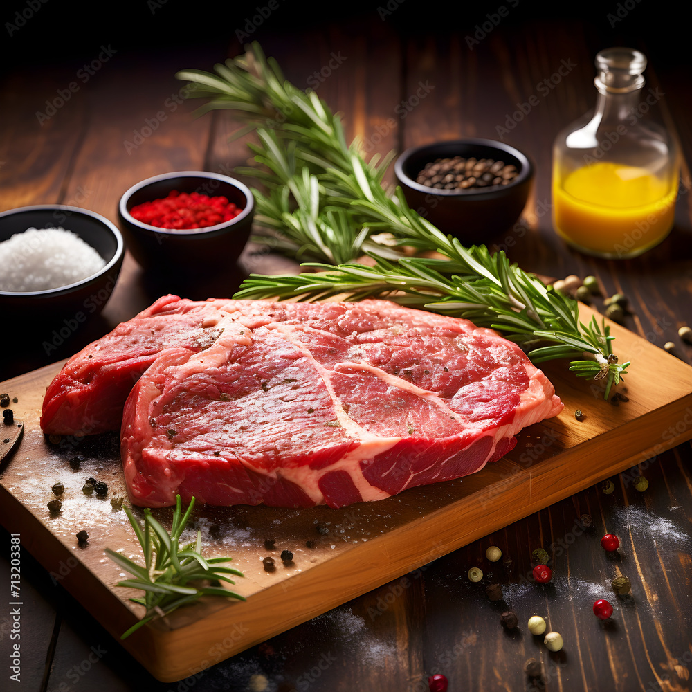 raw ribeye steak, fresh meat, raw meat, raw steak, condiments, spices.