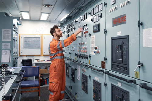 Obraz na plátne Young engineer working in engine control room on electrical distribution system