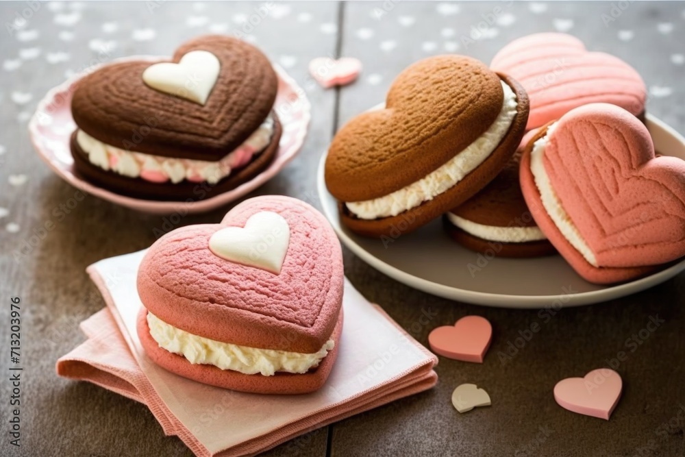 heart-shaped whoopie pies with pink and white filling