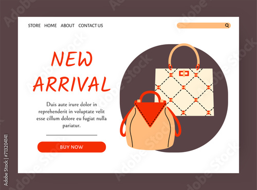 Bags store landing page. Fashion collection. Online shopping. Trendy handbag. Leather backpack or tote. Luxury shopper. Stylish merchandise. Fashionable clothing shop. Website template vector design