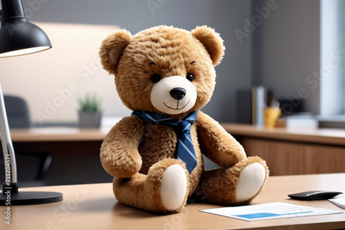 teddy bear in a tie sits at the table and works in the office