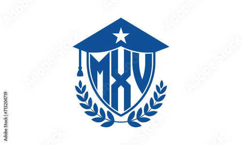 MXV three letter iconic academic logo design vector template. monogram, abstract, school, college, university, graduation cap symbol logo, shield, model, institute, educational, coaching canter, tech photo