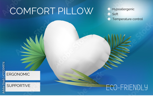 Pillow ad banner. Comfortable 3D cushion. Sleep comfort. White love heart shape. Palm leaves. Soft hypoallergenic bedding. Bedroom relaxation. Resting fluffy accessory. Vector advertising background