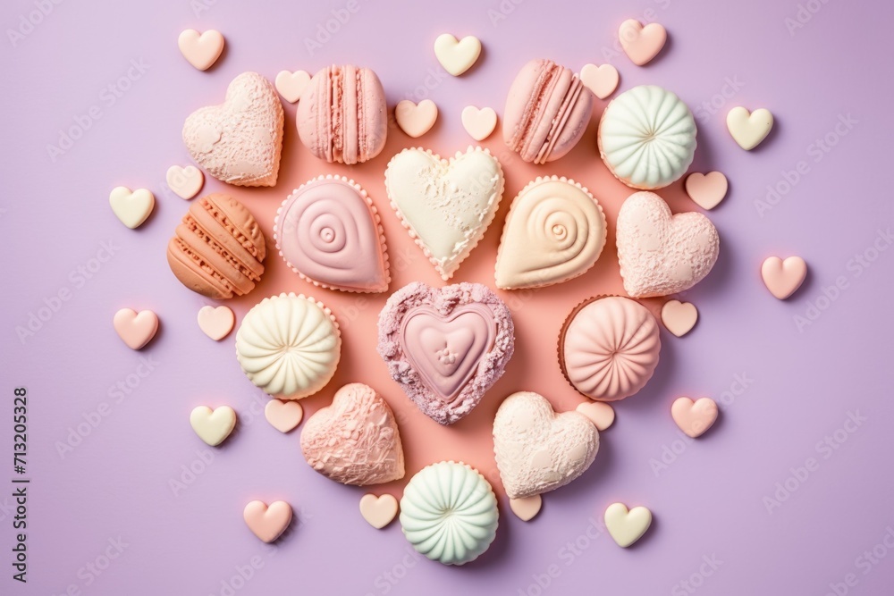 heart-shaped macarons arranged in a heart on a pastel pink background heart-shaped macarons arranged in a heart on a pastel pink background