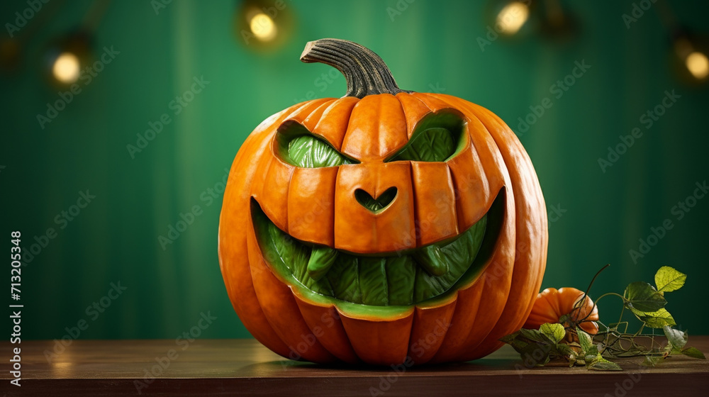 Fototapeta premium A pumpkin with a green mouth on a green background, cute Halloween, generative AI