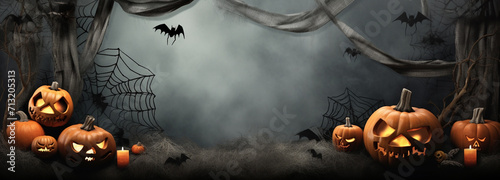 A gray colored banner with glowing pumpkins, spider webs and bats, generative AI