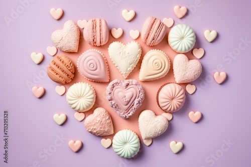 heart-shaped macarons arranged in a heart on a pastel pink background