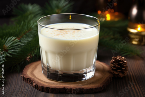 Eggnog or egg milk punch is traditional drink in Christmas season on festive background with lights