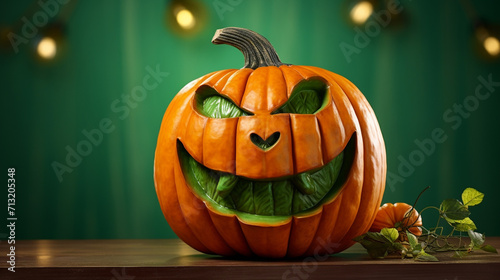 A pumpkin with a green mouth on a green background, cute Halloween, generative AI