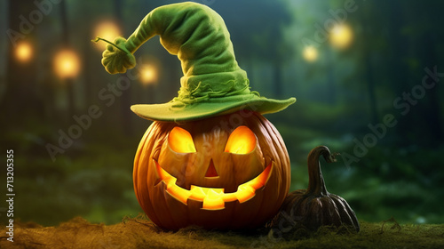 A pumpkin with a green mouth on a green background, cute Halloween, generative AI