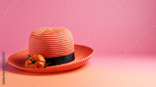 Small pink colored banner with a pumpkin in a hat, generative AI