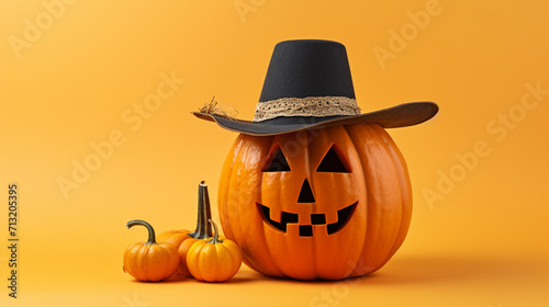 Orange pumpkin with hat on orange background, banner, generative AI