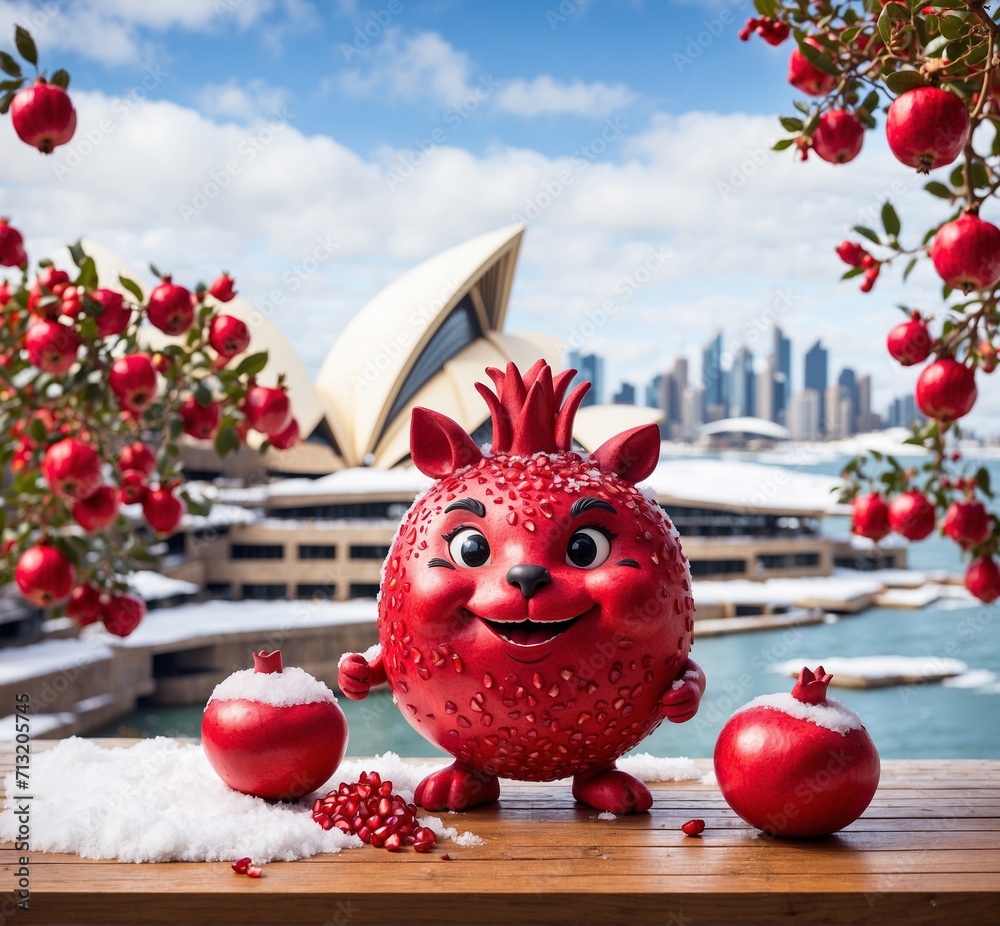 Red pomegranate mascot character on the background of the city.