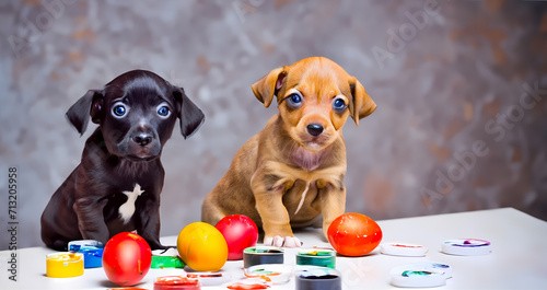 Zwei süße kleine Hunde Welpen sitzen an einem Tisch und haben Ostereier bemalt