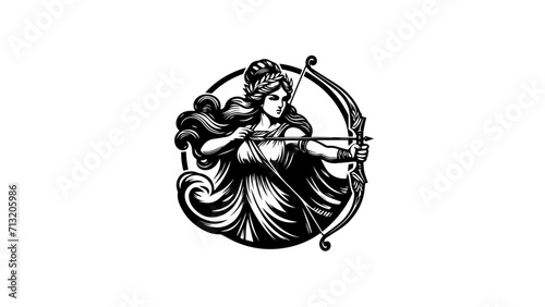 greek goddess of hunt Artemis illustration black and white illustration of goddess Artemis no fill. Roman goddess Diana with bow. Greek deity. Roman deity