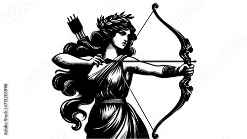greek goddess of hunt Artemis illustration black and white illustration of goddess Artemis no fill. Roman goddess Diana with bow. Greek deity. Roman deity photo