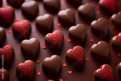 Chocolate candies in heart shape on wooden background. Valentine's Day.
