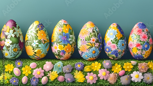 Wundervolle, mit Blumen kunstvoll bemalte Ostereier in einer Reihe, Bannerformat photo