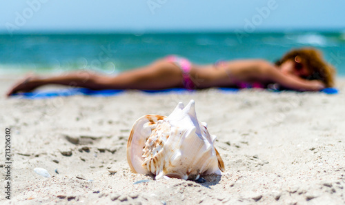 large ocean shell on the sand against the background of a tanning girl in a colorful swimsuit on the beach