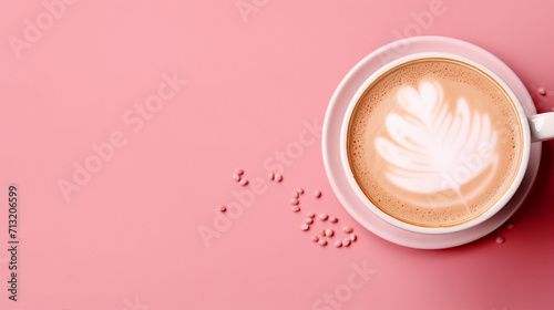 Captivating Pink Cappuccino: Trendy Coffee Concept with Stylish Aesthetic, White Flower Petals, and Copy Space for Text on an Isolated Background - Perfect for Your Morning Ritual