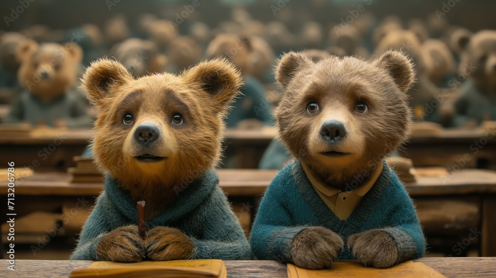 two bears sitting at a school desk, school learning. Generative AI two bears sitting at a school desk, school learning. Generative AI