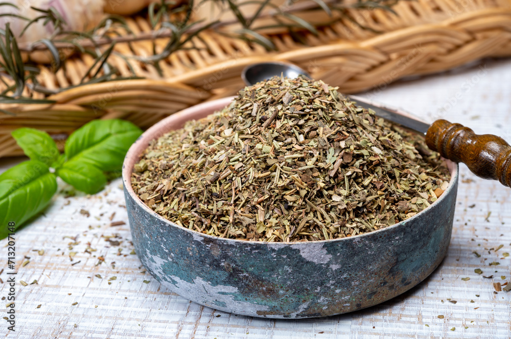 Herbes de Provence, mixture of dried herbs typical of the Provence region, blends often contain savory, marjoram, rosemary, thyme, oregano, lavender leaves, used with grilled food and stew