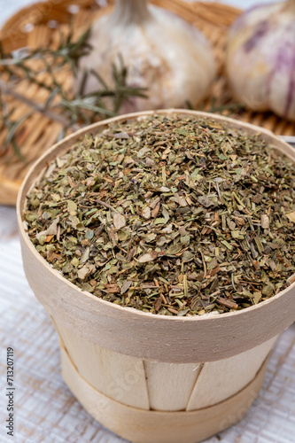 Herbes de Provence, mixture of dried herbs typical of the Provence region, blends often contain savory, marjoram, rosemary, thyme, oregano, lavender leaves, used with grilled food and stew