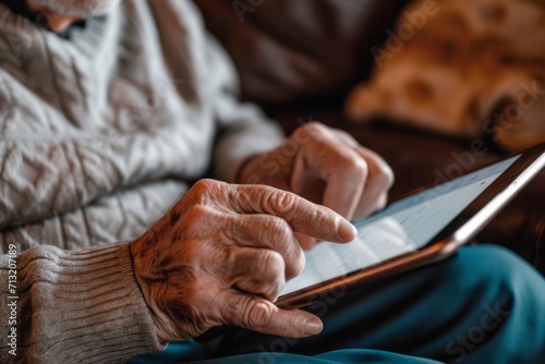 An elderly man uses a tablet computer