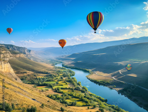 Vibrant balloons soar above a picturesque valley, creating a beautiful and lively scene.