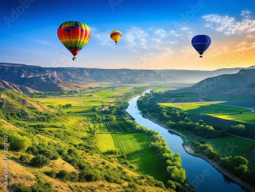 Vibrant balloons float above a picturesque valley, spreading joy and beauty in every color.