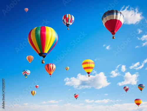 Vibrant hot air balloons painted in various colors floating against a clear blue sky.