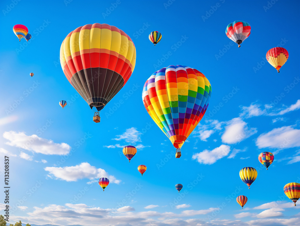 Vibrant hot air balloons fill the blue sky, showcasing an eye-catching and stylish color combination. Vibrant hot air balloons fill the blue sky, showcasing an eye-catching and stylish color combination.